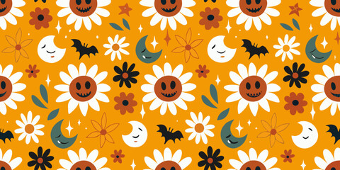 halloween pattern with smiling pumpkins and moons