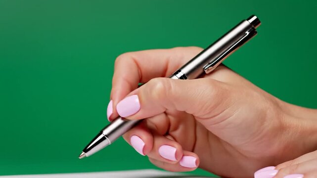 A close-up of a hand holding a pen over a white surface against a green background from a high viewpoint