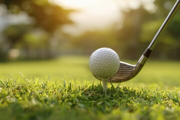 Close up view of a golf club poised to strike a golf ball on lush green grass during a sunny day on the golf course