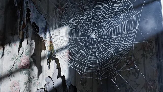 A large spider web on a dilapidated wall with floral wallpaper, sunlit from a window