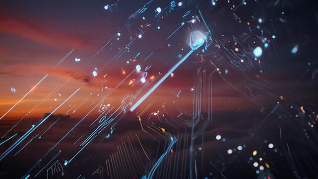 Futuristic circuit board elements intersect over a serene sunset landscape, with glowing lines and nodes overlaying a tranquil sky
