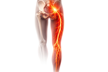 Human sciatic nerve pain leg medical anatomy illustration showing pelvis spine nerves inflammation detailed view isolated on white background