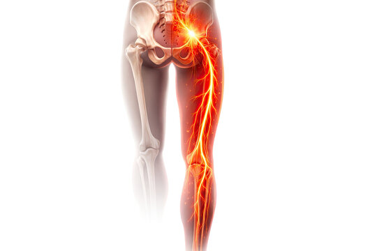 Human sciatic nerve pain leg medical anatomy illustration showing pelvis spine nerves inflammation detailed view isolated on white background