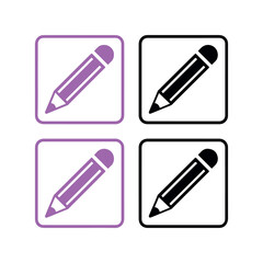 Fototapeta premium Set of four simple graphic icons representing writing and editing tools featuring two purple pencils within rounded square frames and two black pencils within square frames
