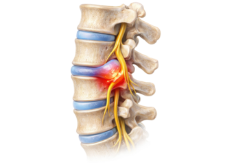 Human lumbar spine disc herniation nerve compression medical anatomy illustration showing vertebrae spinal cord pain isolated on white background