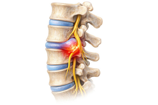Human lumbar spine disc herniation nerve compression medical anatomy illustration showing vertebrae spinal cord pain isolated on white background