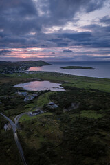 Aerial view of beautiful sunset at Portnoo seen from Clooney in County Donegal - Ireland