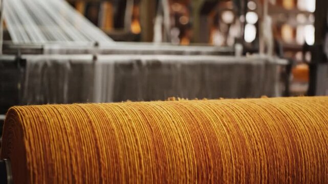 Industrial manufacturing process showcasing yellow thread spool in a factory setting from a close-up viewpoint