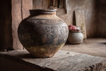 Traditional clay pot highlights artisan craftsmanship in a rustic workshop showcasing age-old pottery techniques in a quaint village setting