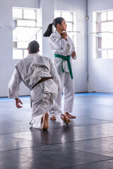 Diverse martial arts partners sparring on mats in dojo wearing white belted gis, copy space