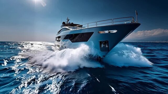 Front view of a luxury yacht speeding through deep blue ocean with water splashing at the bow under a clear sky showcasing a wealthy lifestyle.
