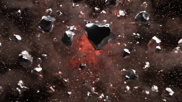 Shattered glass exploding in slow motion, with sharp shards flying outward in a circular pattern against a dark background, possibly used for a dramatic or action-packed scene