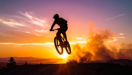 Mountain Bike Silhouette Performing Jump in Mountains