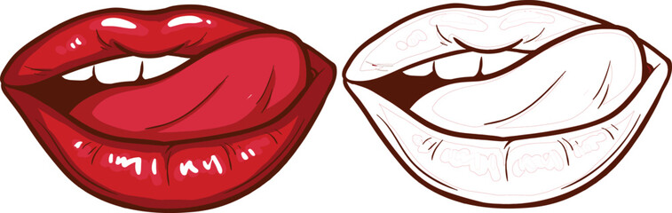 Obraz premium Cartoon illustration of red lips and line art lips with teeth on transparent background for design use