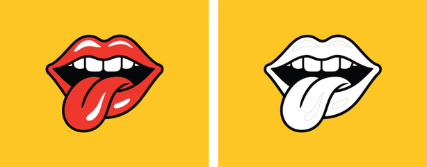Rock and roll lips with tongues out in red and white on yellow squares  iconic music symbols © tara