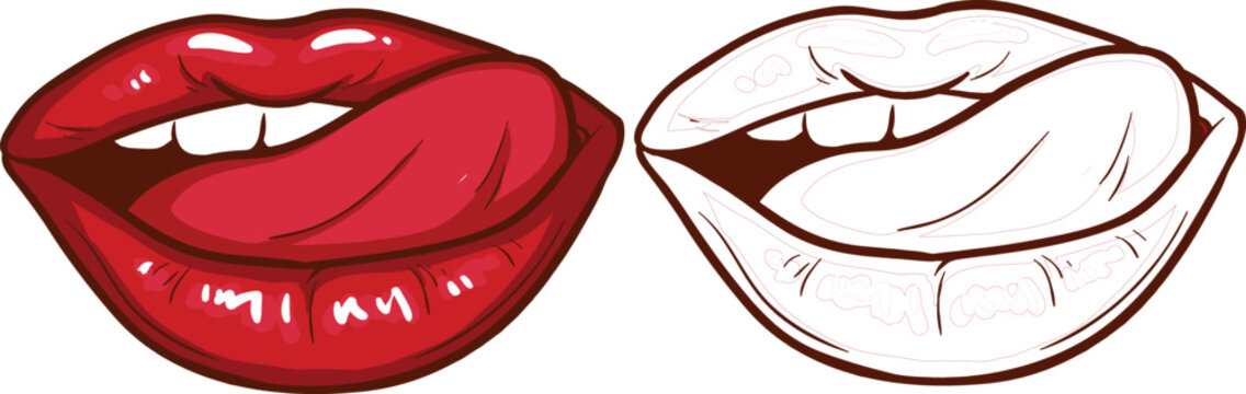 Cartoon illustration of red lips and line art lips with teeth on transparent background for design use