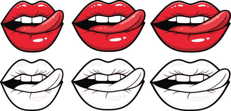 Cartoon lips with tongues out smiling red and white glossy shiny colorful illustrations  various expressions