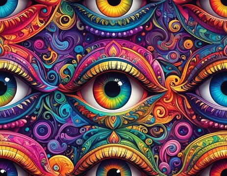 Vivid, kaleidoscopic eye pattern with ornate, swirling details
