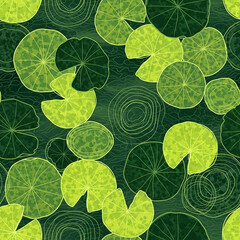 Stylized Lily Pads Seamless Pattern Green Vector Illustration