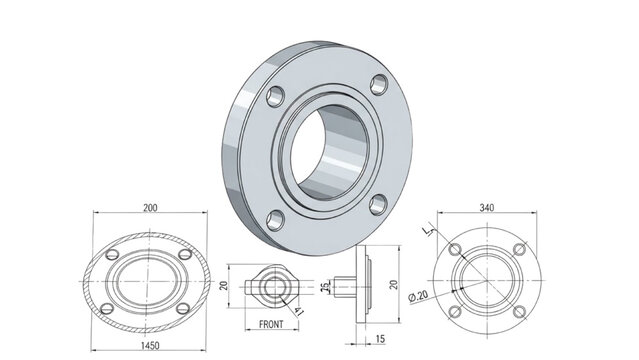 Technical drawing of a mechanical flange with detailed measurements and multiple views on a clean white background from various viewpoints