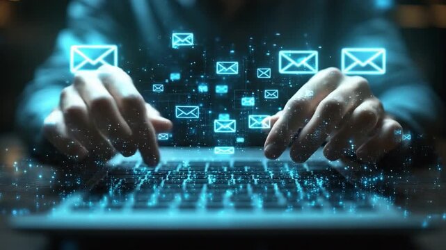 Digital Connection: The scene depicts the art of typing on a keyboard, with digital email icons emerging, creating a striking contrast between technology and human interaction.