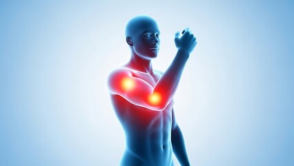 Obraz premium Man experiencing shoulder pain highlighted with red glowing areas on a blue gradient background, viewed from the side