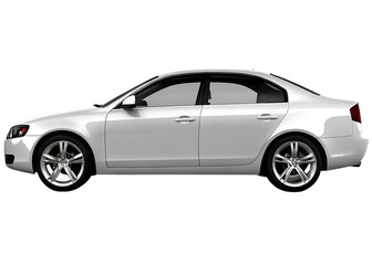 Fototapeta premium Silver luxury sedan car side view isolated on a transparent background silver car white background