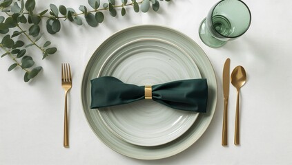 Refined dining setup featuring green napkin, golden cutlery and modern plates, aesthetic table styling for celebrations, restaurants, weddings and lifestyle brand visuals