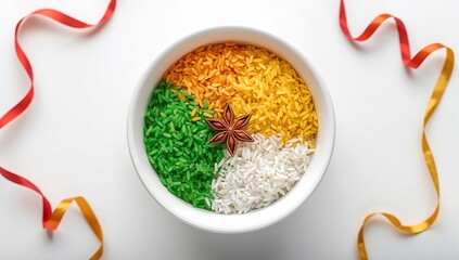 Festive tricolor Indian rice arrangement resembling national flag with decorative ribbons, symbolic food styling for independence day, culinary art, cultural holidays and patriotic occasions