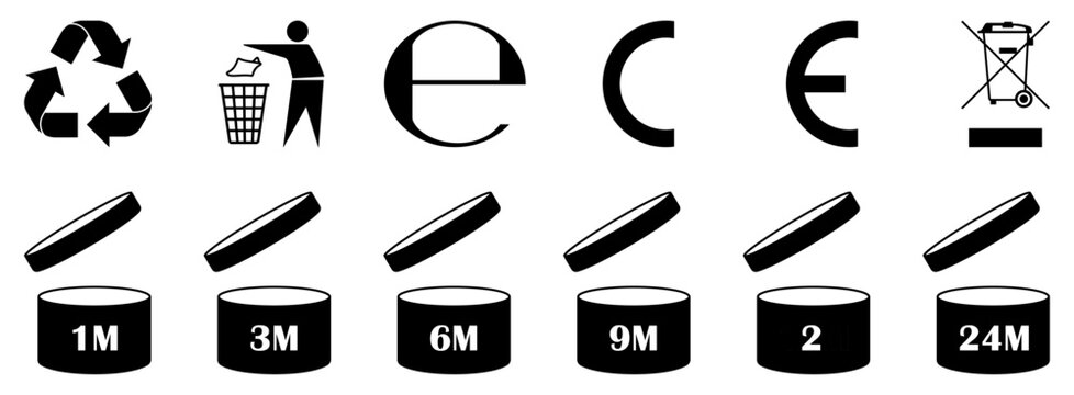 Packaging recycling and certification symbols black vector set, Recycling packaging symbols and certification signs black set, packaging, icons, recycling, symbols, vector icons,
