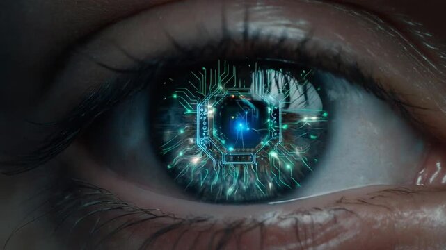 Close-up of human eye with futuristic blue circuit board iris, technology integration, dark background
