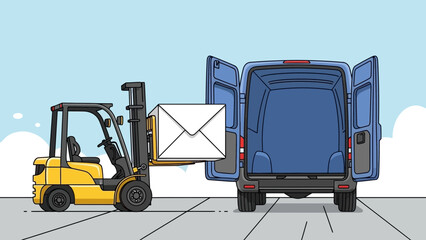 Yellow forklift lifts a large white envelope towards the open back of a blue delivery van