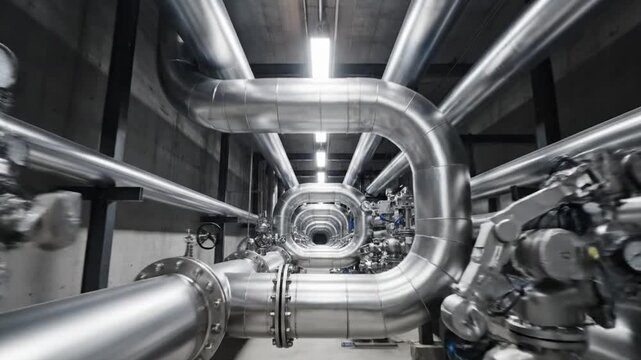 Industrial interior with large metal ducts and machinery in background, industrial facility with ventilation system