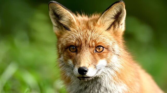 Red fox portrait in natural habitat with green grass background, looking directly at camera. Possible use in wildlife or nature concepts