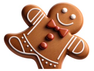 Smiling gingerbread man with white icing details and red bow tie isolated on a transparent background