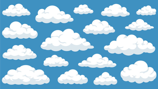 Collection of various sizes of fluffy white cumulus cartoon clouds scattered across a bright blue sky background for weather illustration or design.