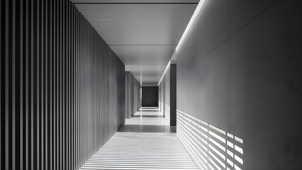 A modern corridor with gray walls and a ceiling, illuminated by natural light