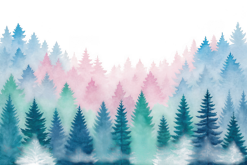 Abstract watercolor pine forest landscape isolated on transparent background