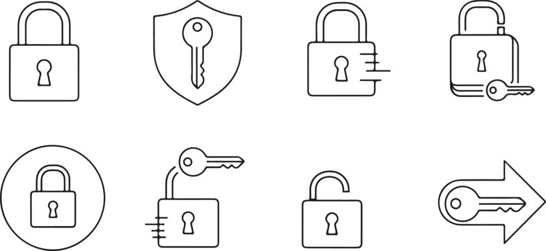 Lock and Key Icons Set: Security and Access Symbols Isolated on white background