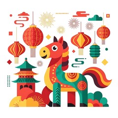 Chinese new year celebration illustration with horse and lanterns