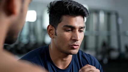 Engaged Young Man Talking and Gesturing During a Conversation in a Gym Setting for Fitness Coaching and Social Concept
