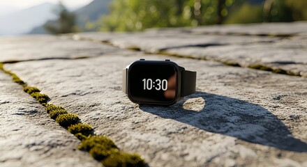 Modern black digital smartwatch on rock surface in natural grey and green tones representing time management