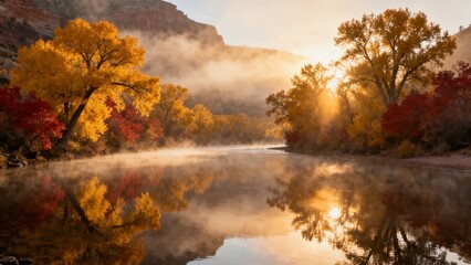 Autumn sunrise over a misty river with colorful trees reflecting in calm water