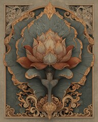 Intricate Lotus Flower Design in Ornate Floral Frame Artwork