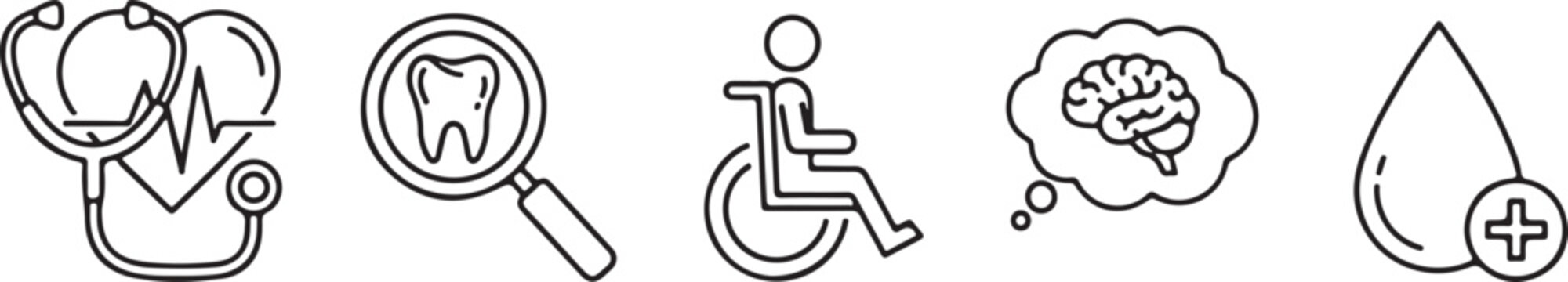 Medical Icons: Stethoscope, Tooth Magnified, Wheelchair, Brain, Blood Drop Isolated on white background