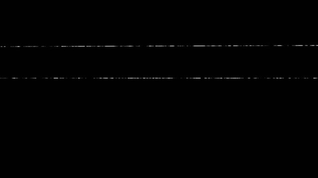 Erratic horizontal white streaks of static interference flicker across a black background, mimicking vintage VCR tracking errors or corrupted signal artifacts for use as a dynamic alpha matte overlay