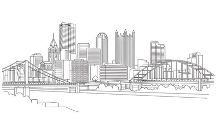 Obraz premium Cityscape line art buildings bridges and riverfront scene