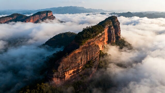 Majestic sandstone cliffs rise above a sea of clouds in a dramatic mountain landscape at sunrise - Powered by Adobe