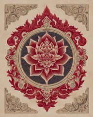 Elegant Red Lotus FlowerIllustration with Intricate Floral Design