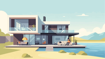 Naklejka premium Modern house with pool by the lake, person relaxing on sofa